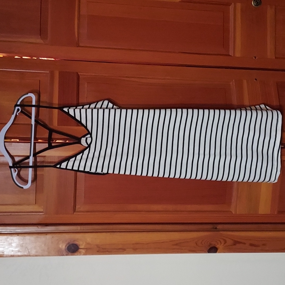 Strapy racer back dress, size M, white with black stripes